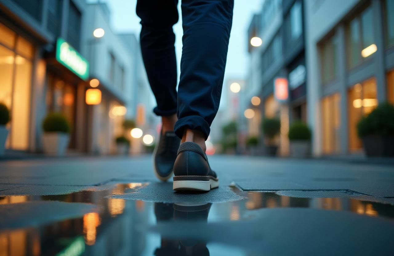 Chikyu Footwearのシューズを履いた男性が東京の街並みを歩いている様子